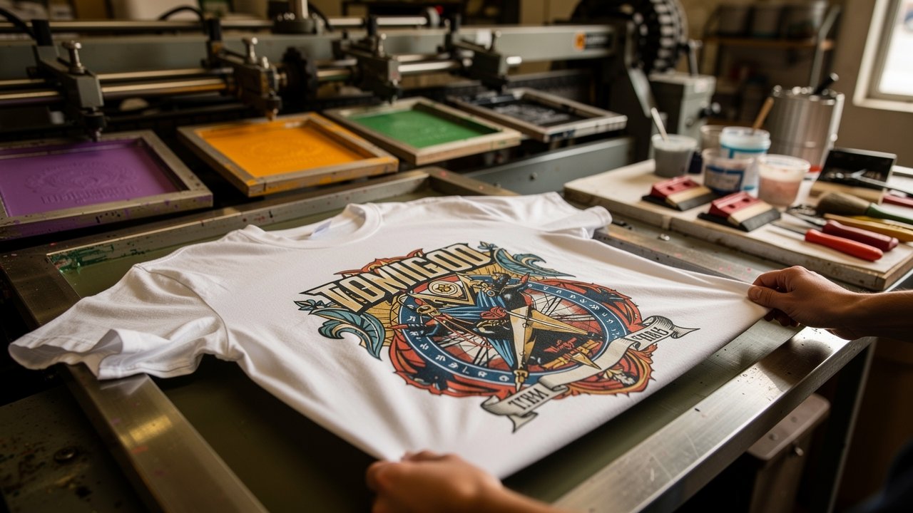 Screen printing press lifting freshly printed custom t-shirt at San Diego print shop