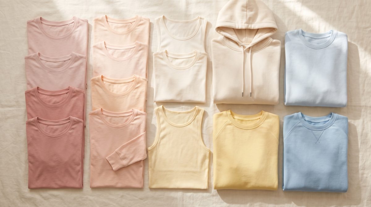 Flat lay of blank t-shirts, tank tops, hoodies and sweatshirts in a range of colors