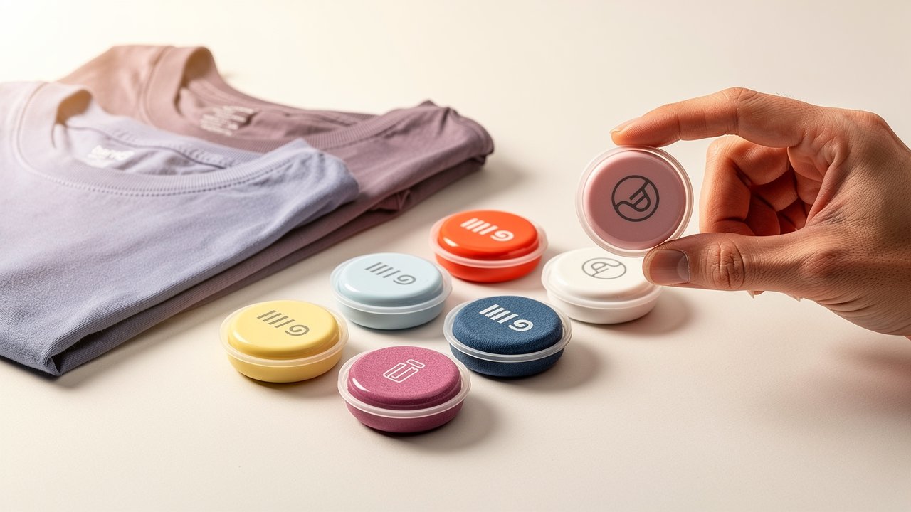 Compressed t-shirt product display with custom branded packaging and uncompressed samples
