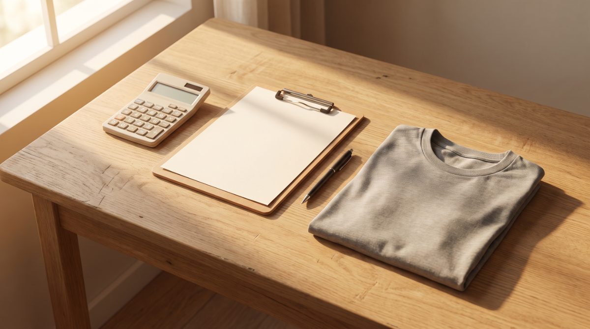 Calculator, order form clipboard and a folded blank shirt on a desk