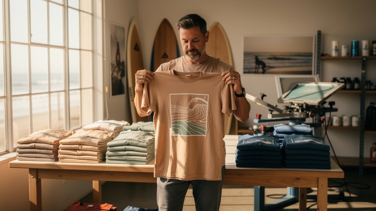 San Diego lifestyle brand founder reviewing custom screen-printed apparel in coastal studio