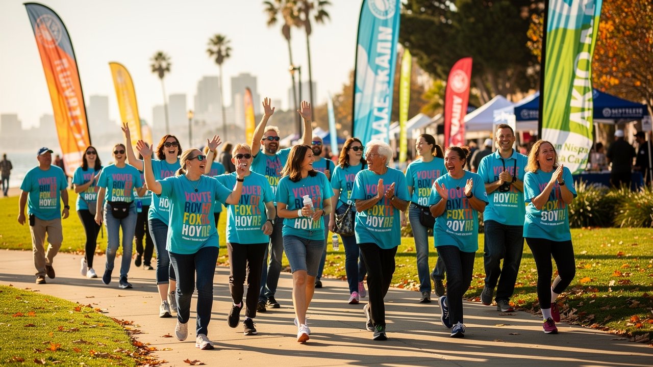 San Diego charity walk participants wearing matching custom event t-shirts