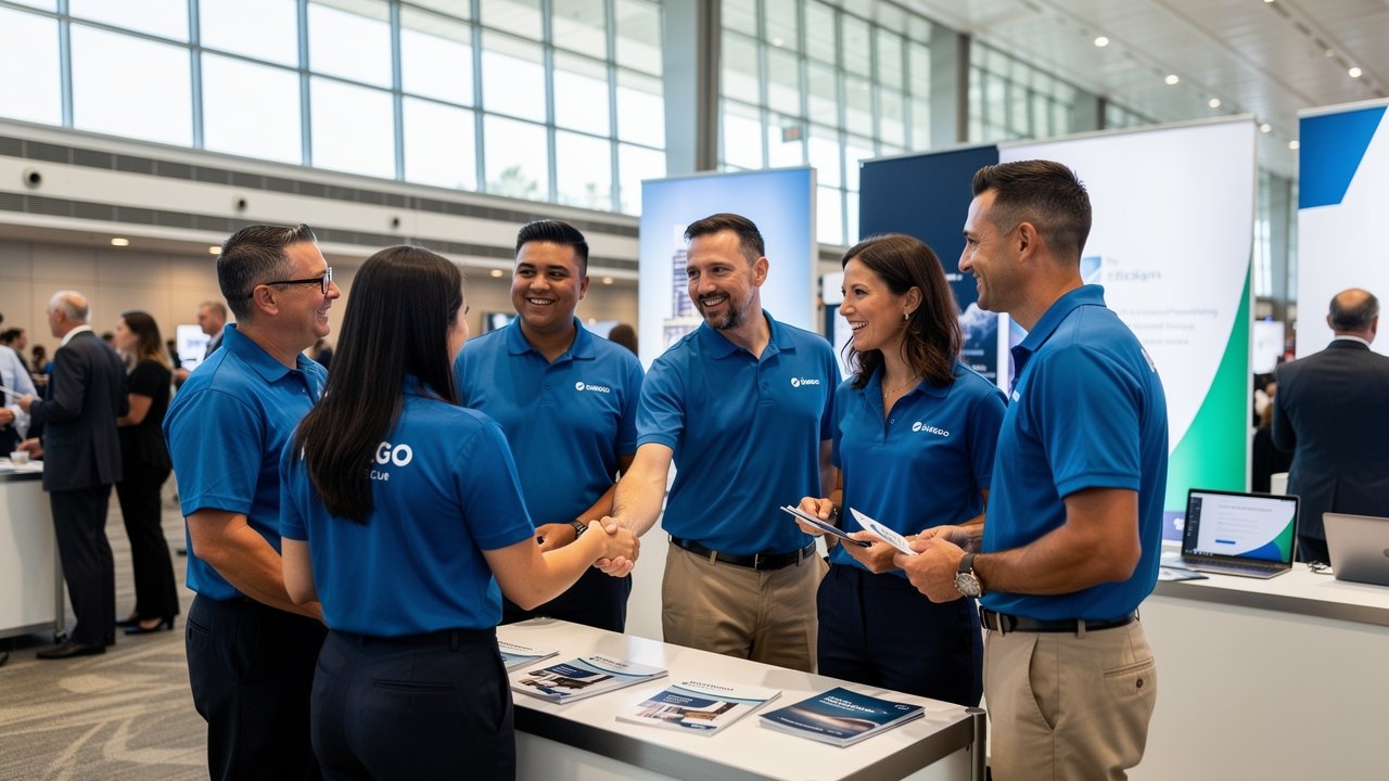 Corporate team in branded polo shirts at San Diego trade show booth