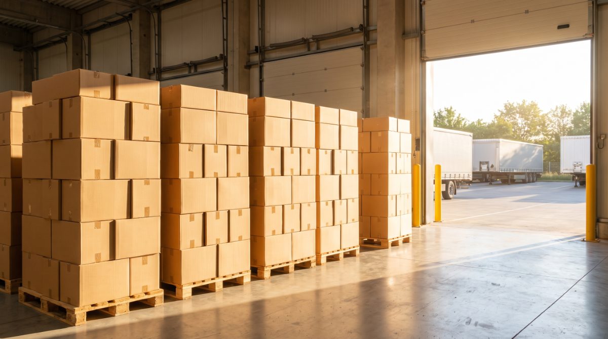 Stacked sealed cardboard shipping boxes beside an open loading dock door
