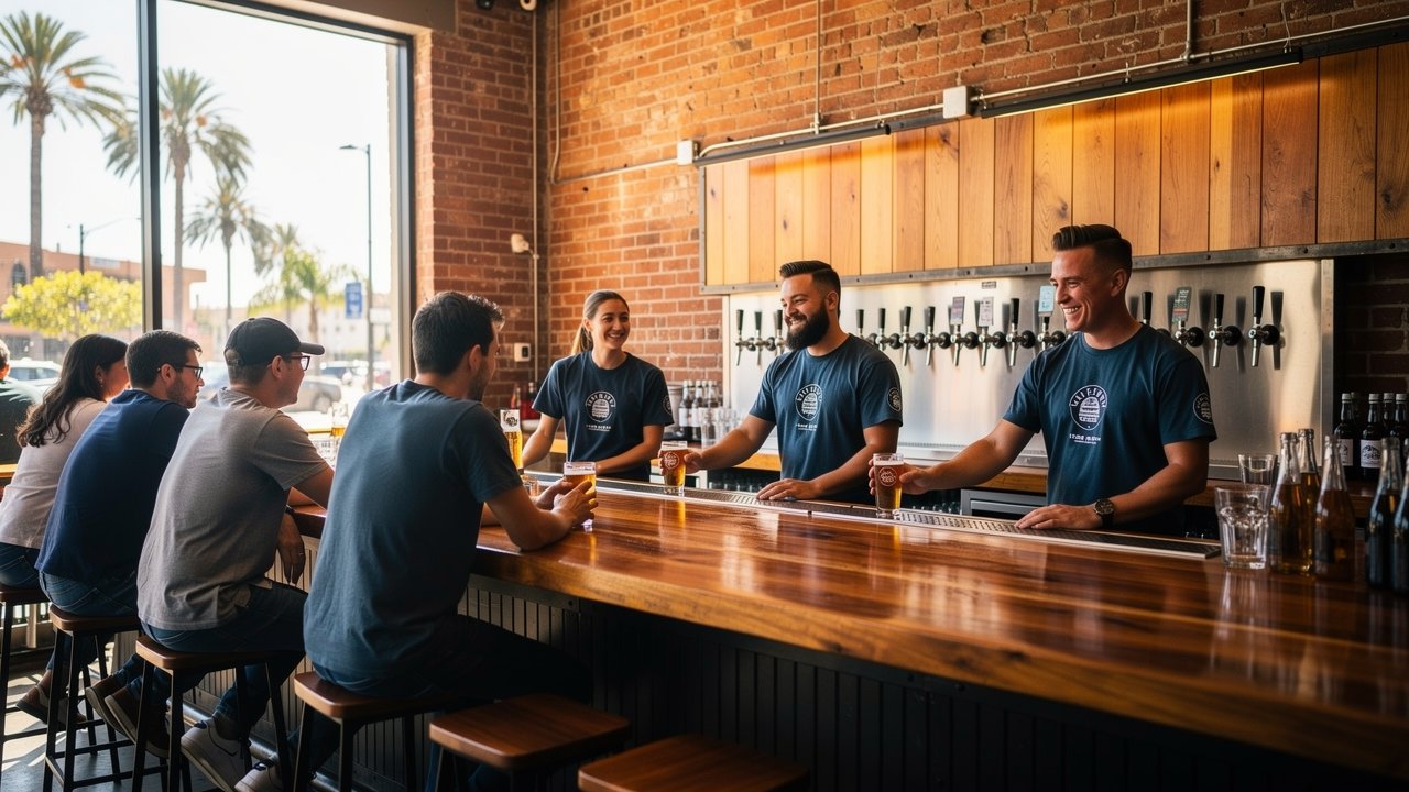 San Diego brewery staff in matching custom branded t-shirts behind bar