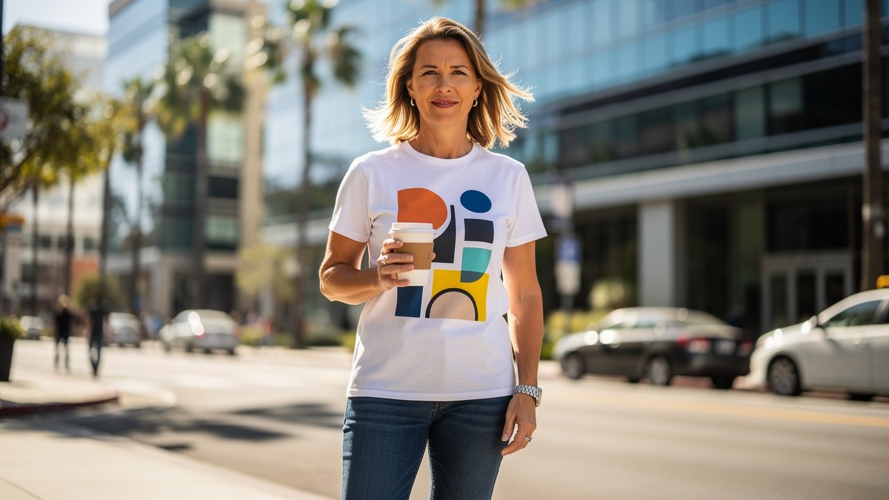 San Diego business owner wearing custom branded company t-shirt outdoors
