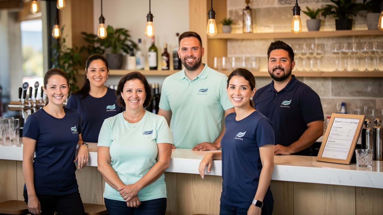 San Diego restaurant staff wearing matching custom branded uniform shirts