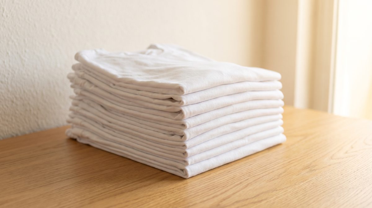 Stack of folded blank white cotton t-shirts ready for custom screen printing