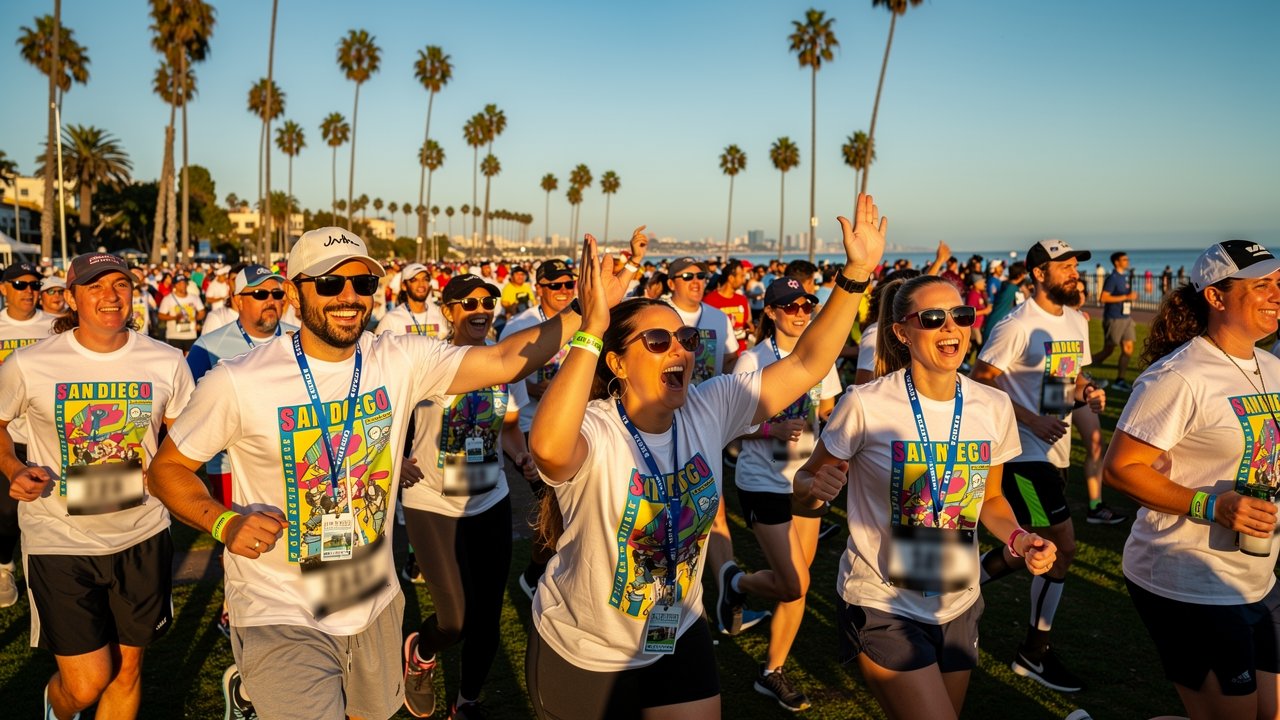Custom event t-shirts worn by volunteers at a San Diego outdoor summer festival