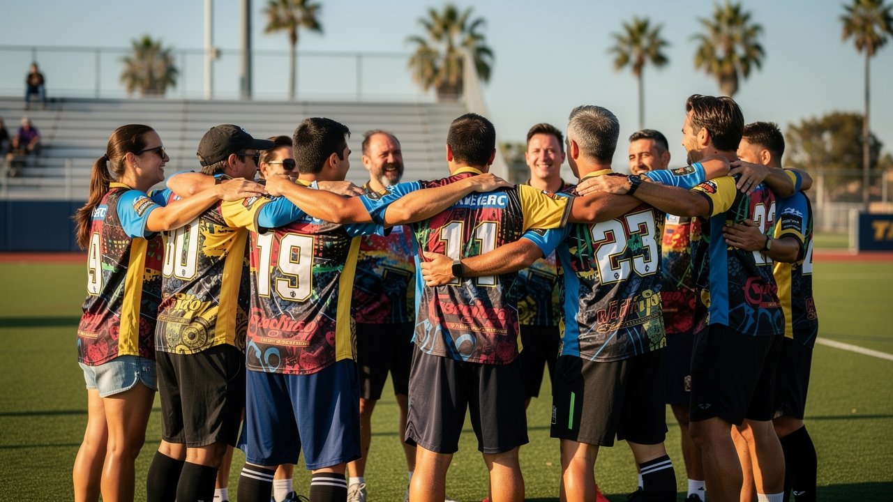 San Diego adult recreational sports team in matching custom jerseys on field