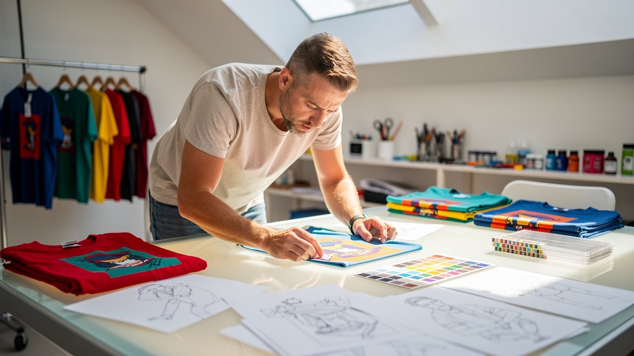 Designer reviewing custom t-shirt print samples in California studio
