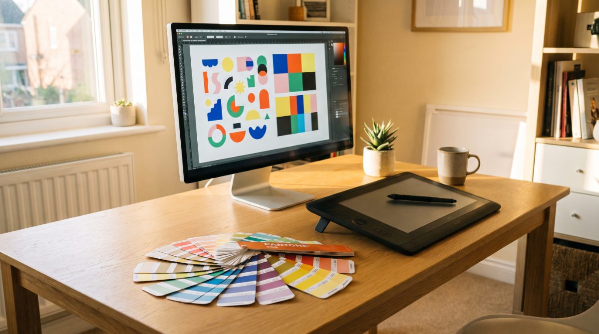 Designer workspace with vector artwork on screen and printed color chip cards